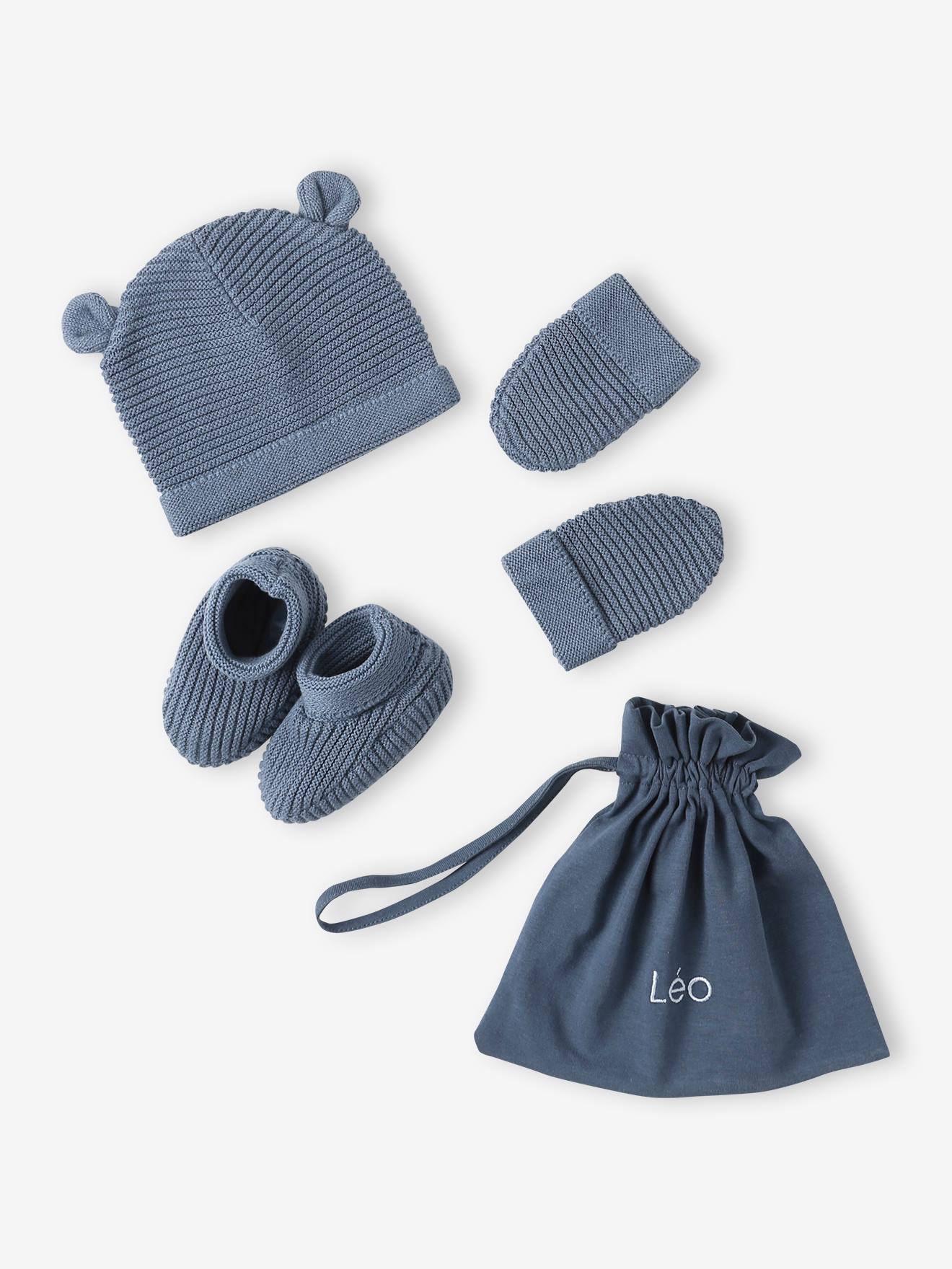 Ensemble bonnet, moufles et chaussons bébé naissance et son pochon personnalisable bleu jean