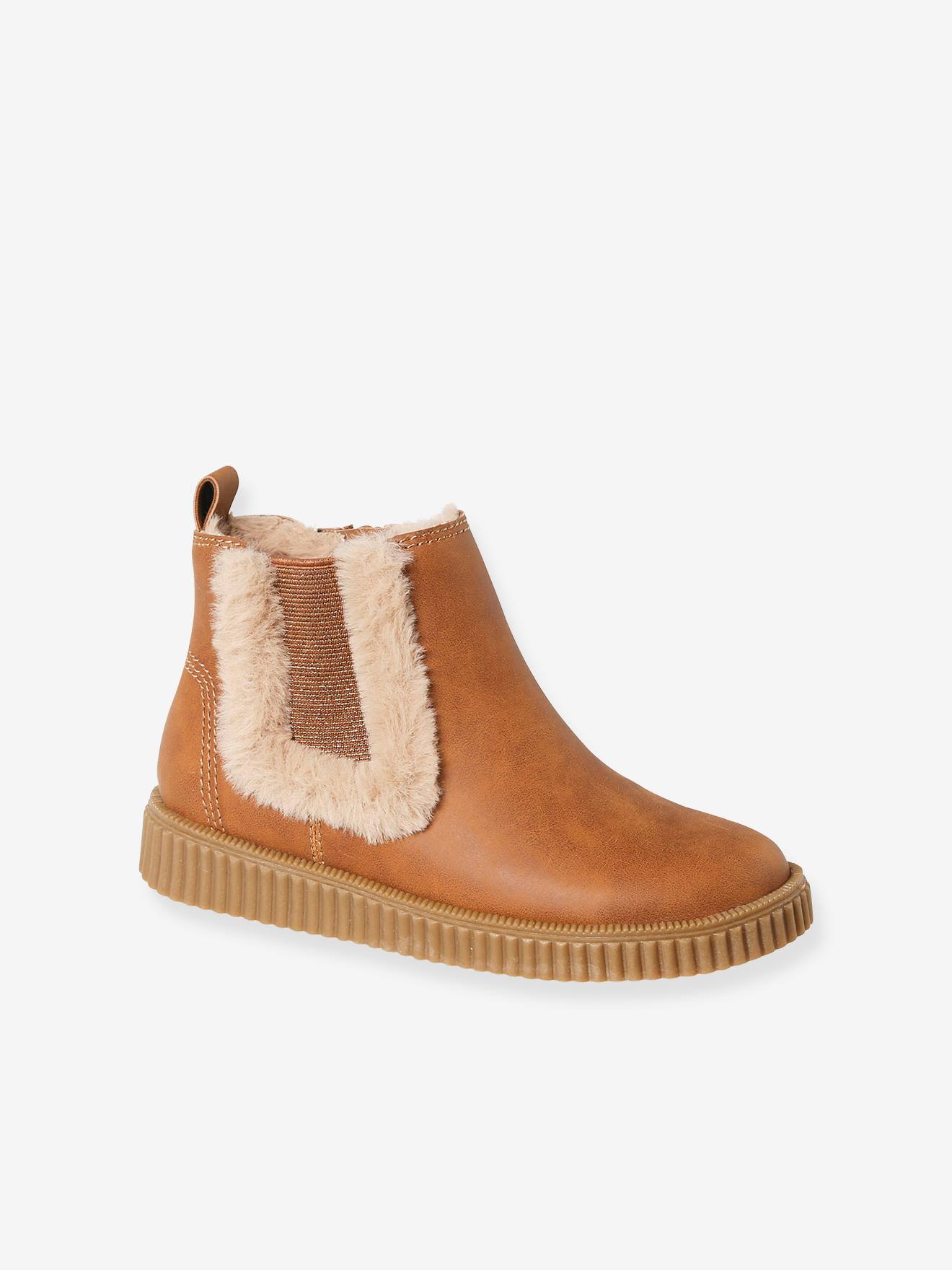 Boots Chelsea fourrées fille zippée et élastiquées marron
