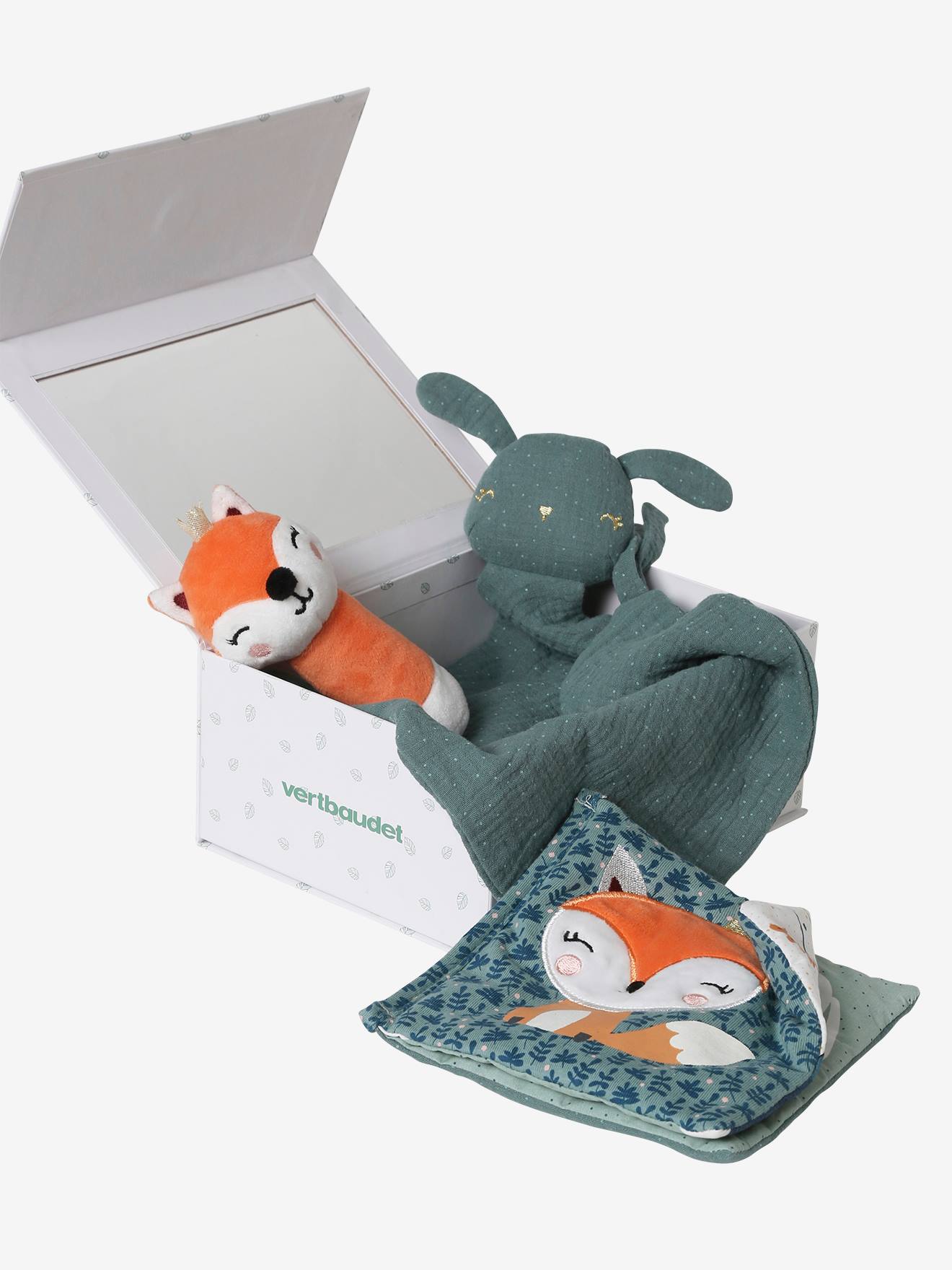 Coffret cadeau 3 pièces : doudou lange personnalisable + hochet + livre imagier forêt enchantée
