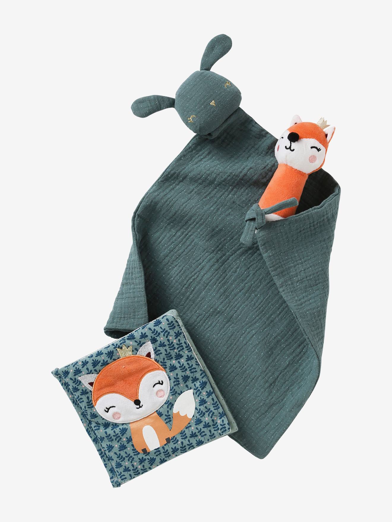 Coffret cadeau 3 pièces : doudou lange personnalisable + hochet + livre imagier forêt enchantée (Vertbaudet) - Image 1
