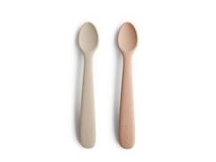 Puériculture-Lot de 2 cuillères bébé silicone Rose / Sable - Apprentissage repas - Mushie