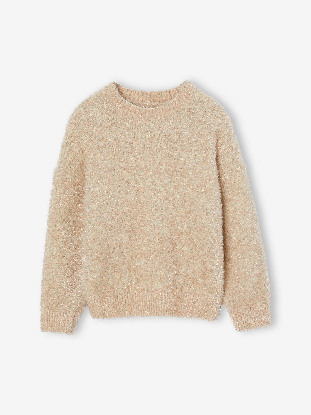 Pull de fête maille brillante et duveteuse effet poilu fille or