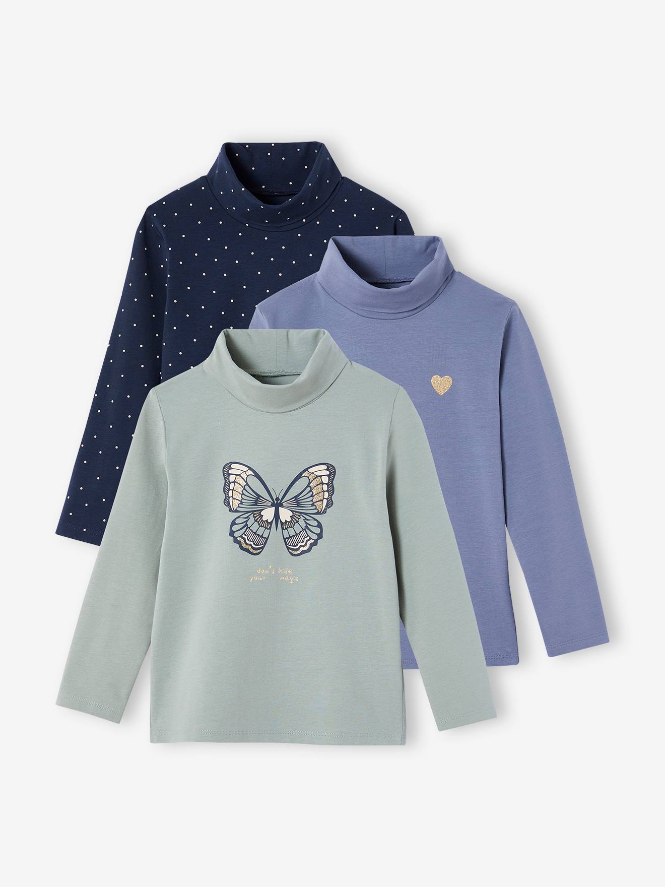 Lot de 3 T-shirts col roulé fille vert de gris