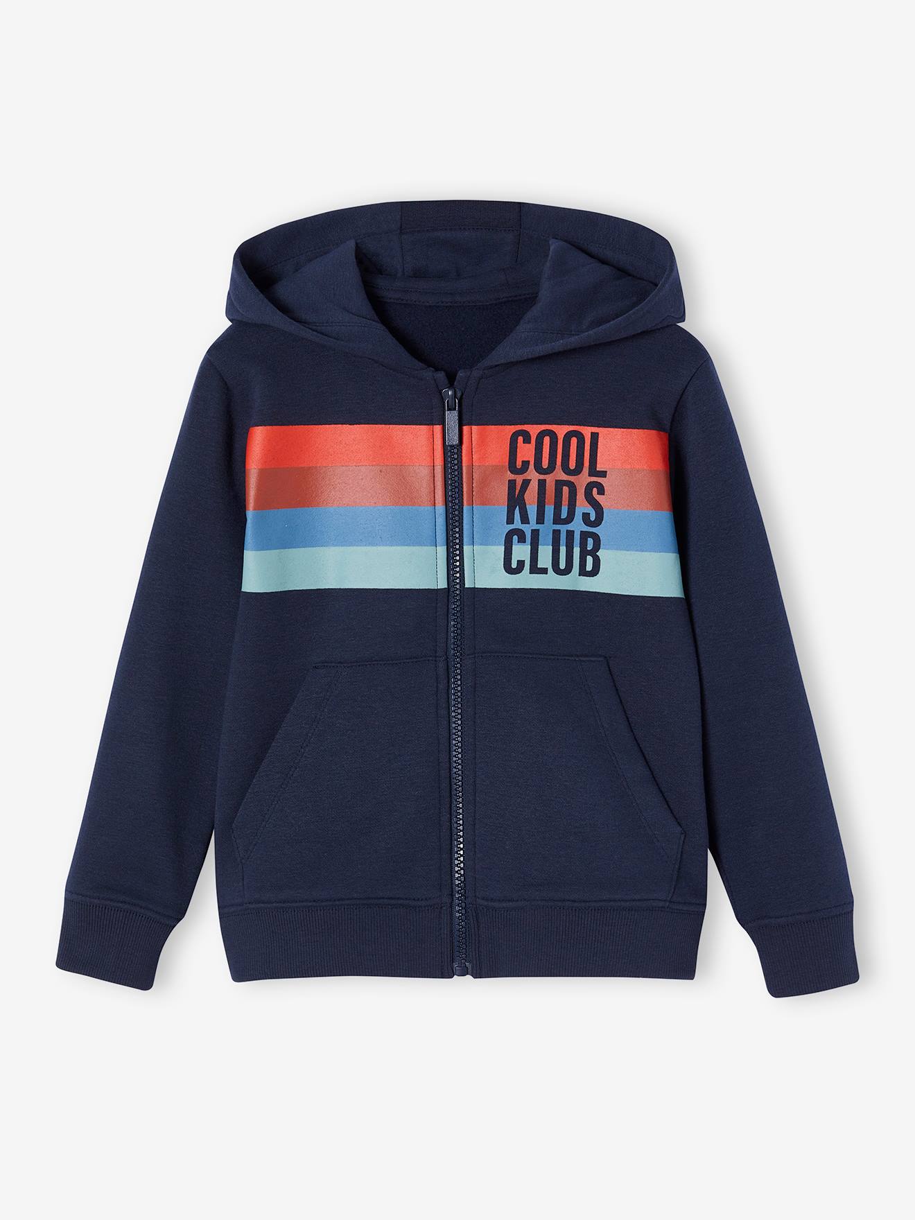 Sweat zippé à capuche animation rayures garçon bleu nuit