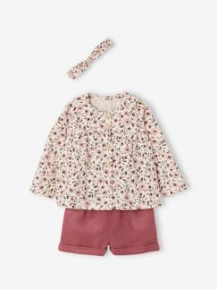 -Ensemble 3 pièces bébé fille tee-shirt, short velours et bandeau