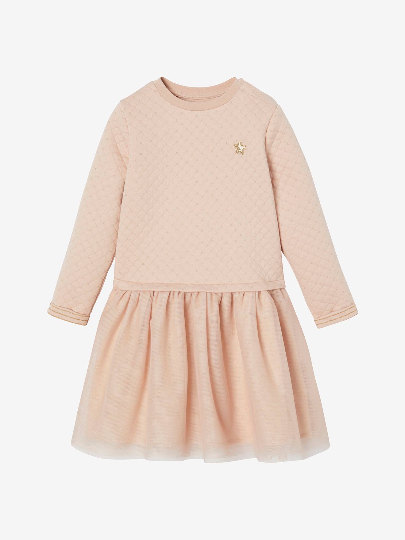 Robe de Noël fille bi-matière rose poudré