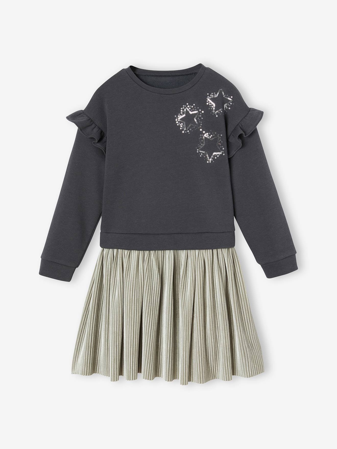 Robe de fête bi-matière fille étoiles en sequins fille anthracite