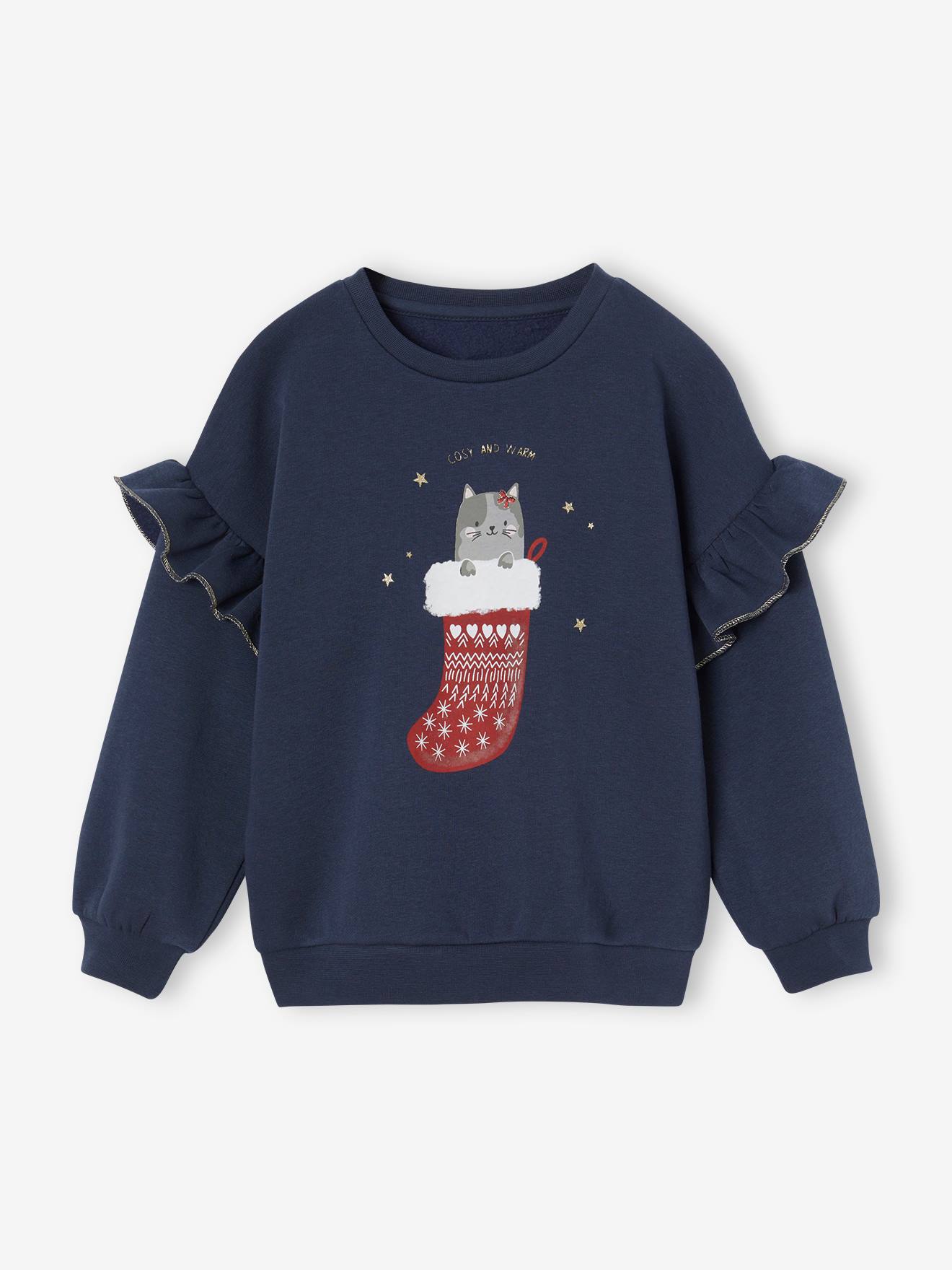 Sweat à volants motif chat fantaisie fille marine