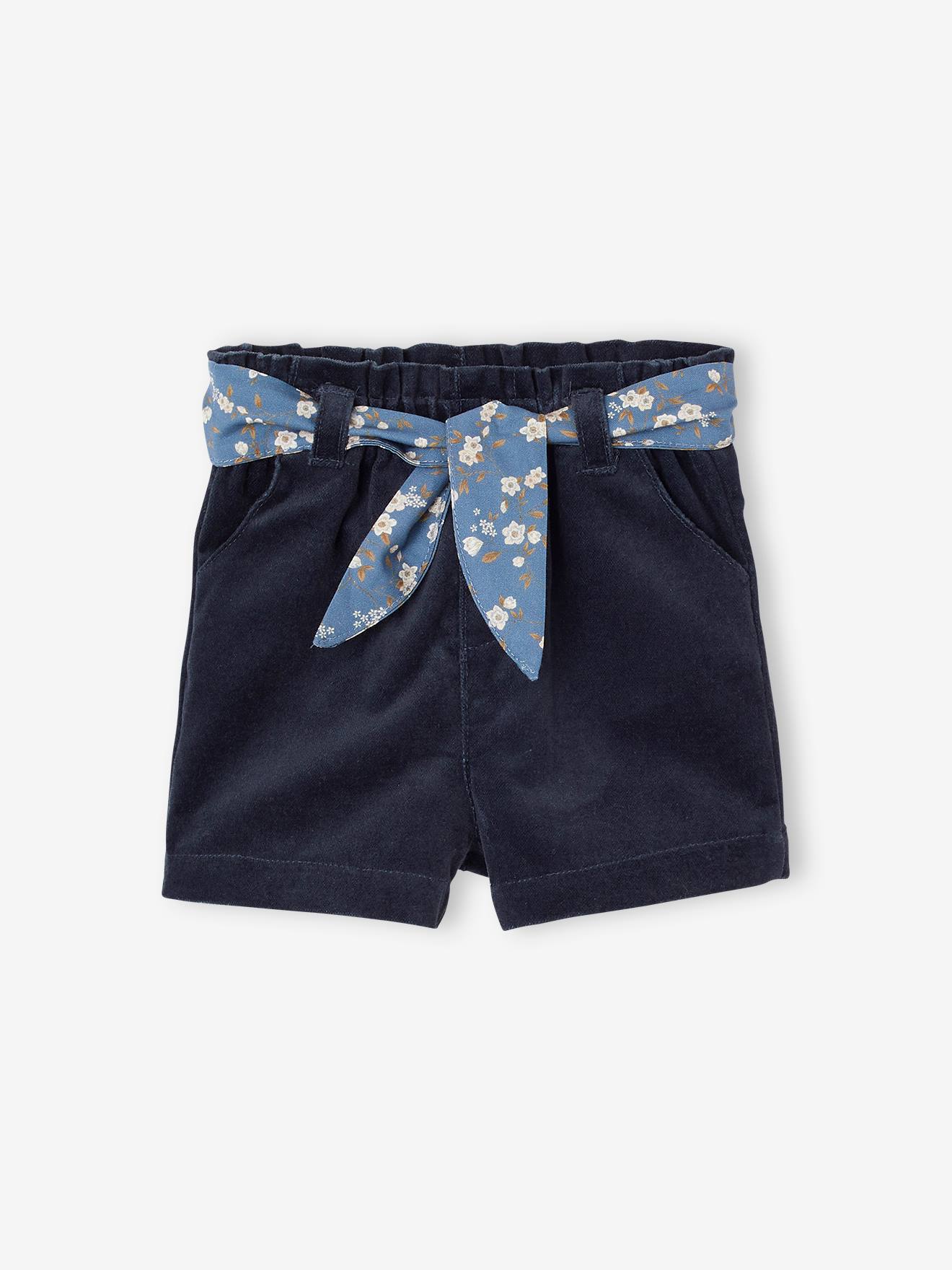 Short en velours lisse ceinture à nouer à fleurs bébé marine