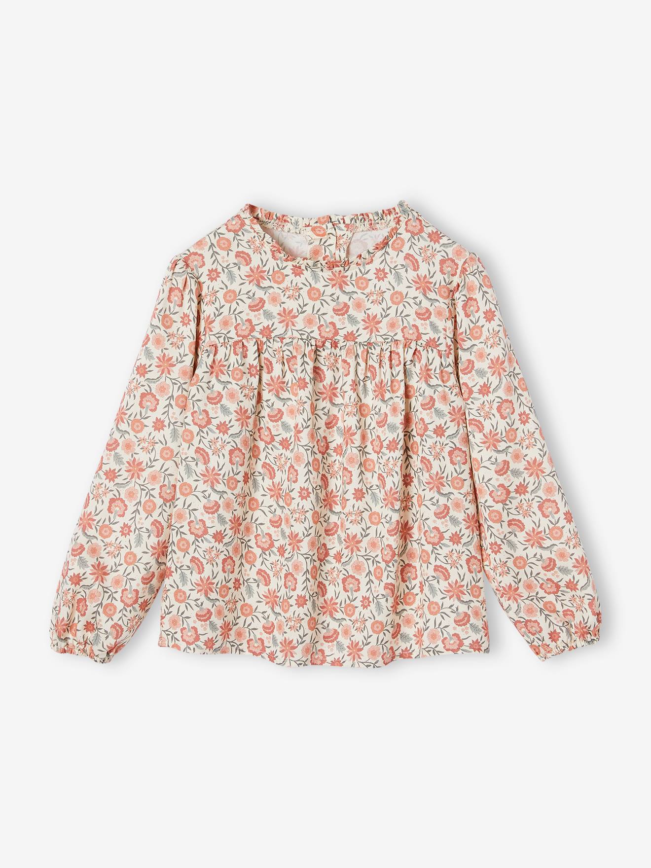 Blouse Fille Vertbaudet à Motifs Fleurs - Manches Longues élastiquées - Col Volanté - Tissu Viscose/coton Fluide - 10
