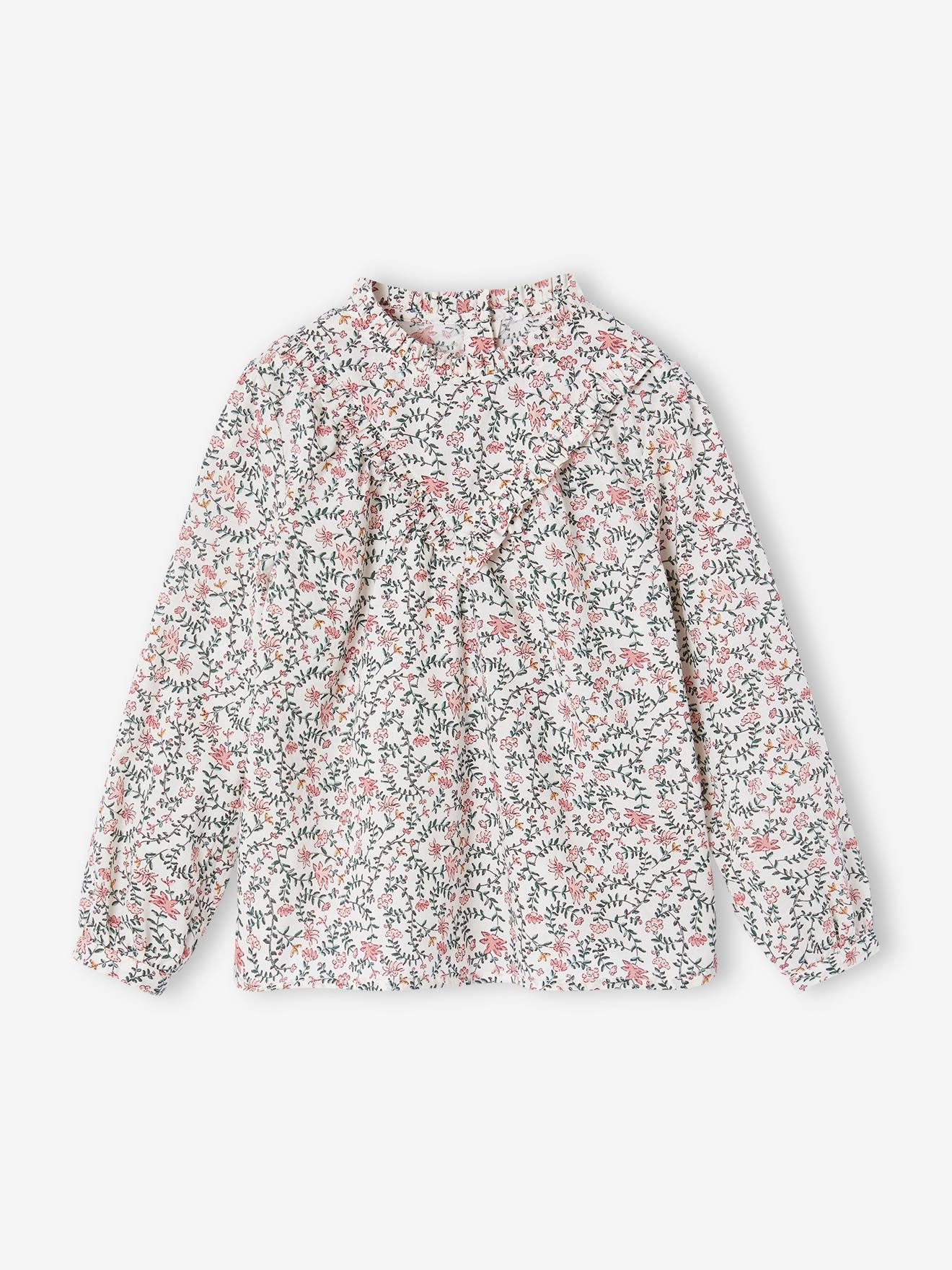 Blouse fille à volants imprimée fleurs écru