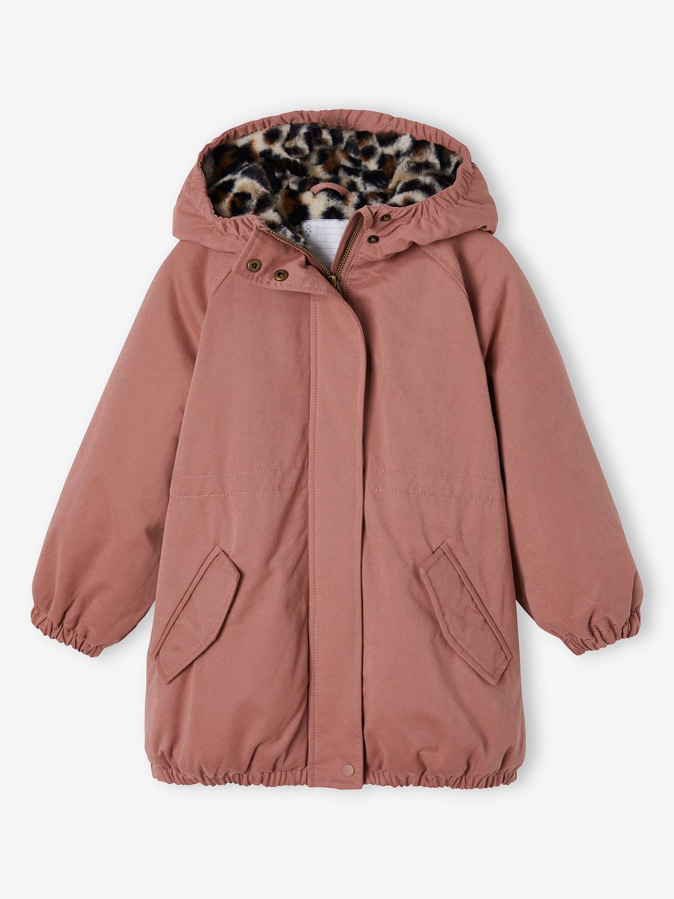 Parka à capuche fille doublée imitation fourrure bois de rose