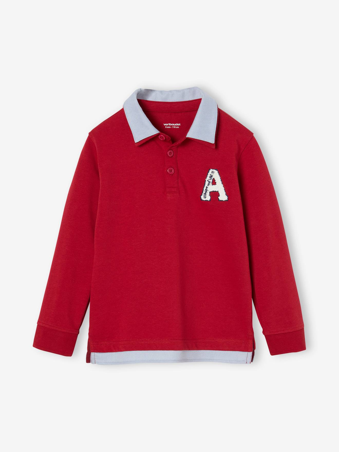 Polo rayé garçon effet 2 en 1. rouge fonce uni avec decor
