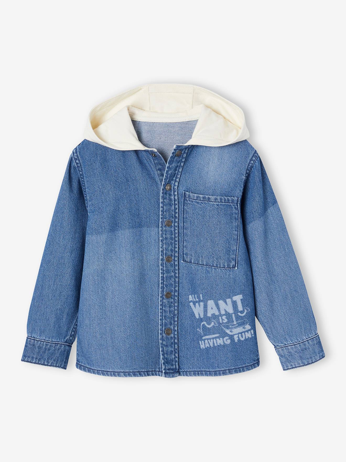 Chemise à capuche animation patchs en denim garçon double stone