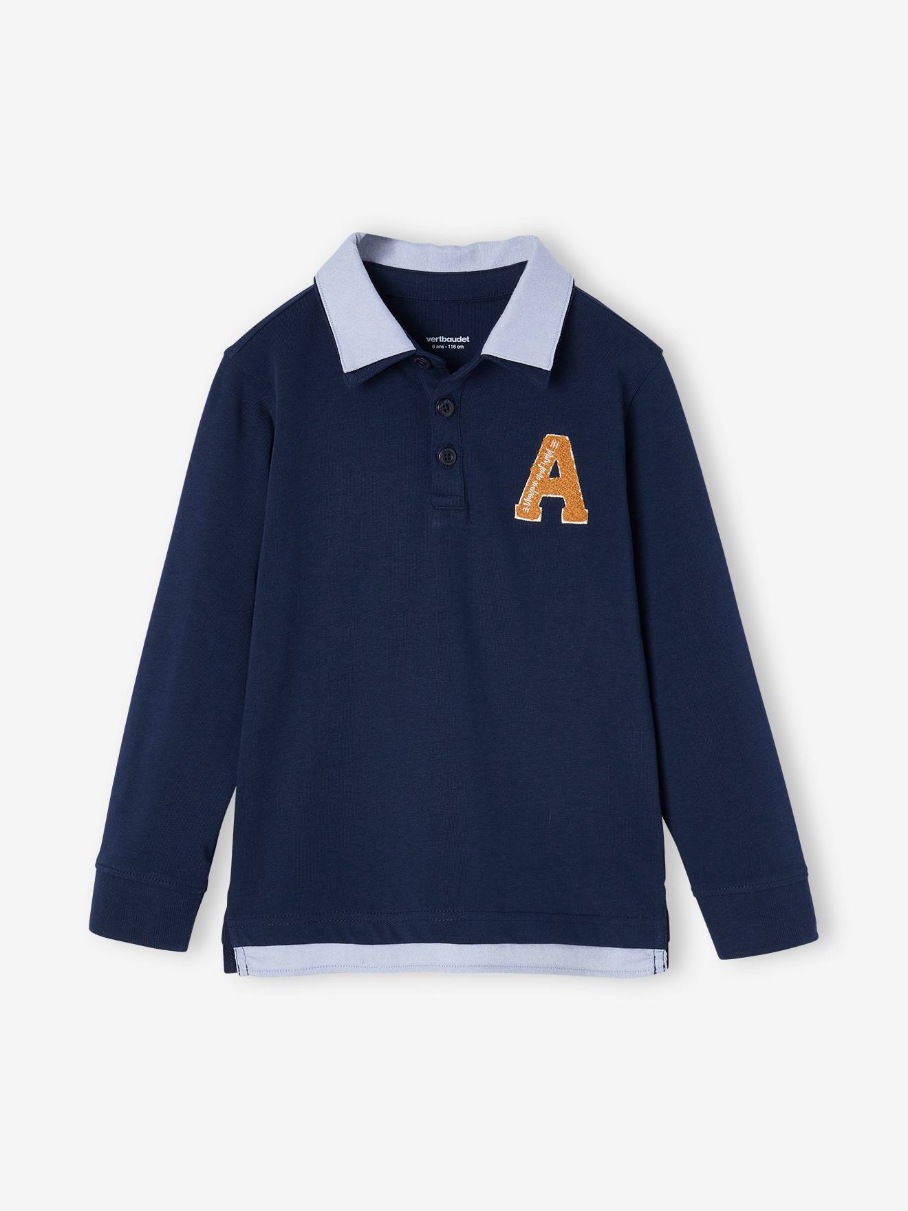 Polo rayé garçon effet 2 en 1. bleu foncé