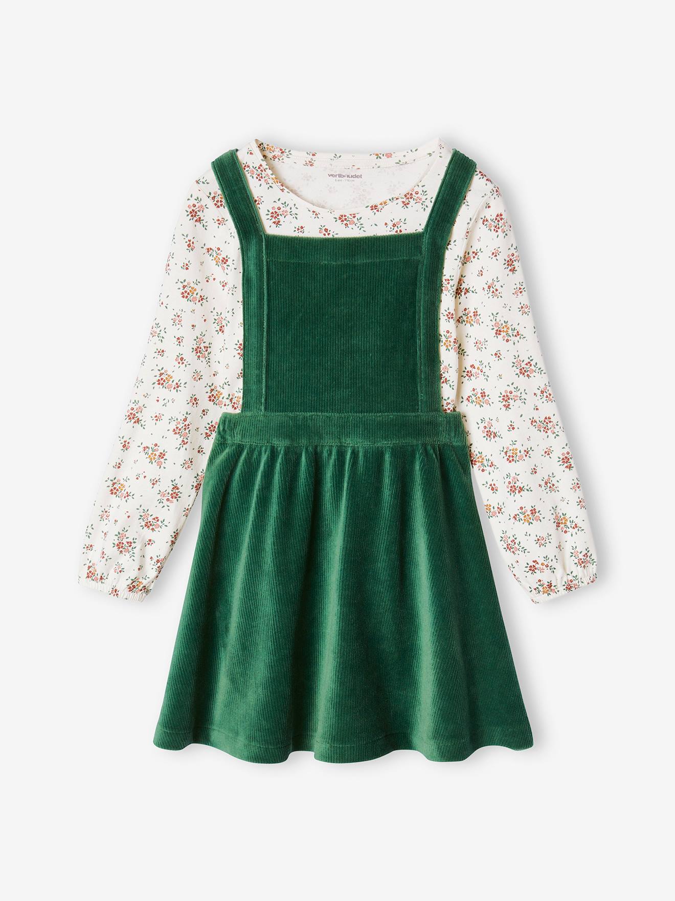 Ensemble robe tablier en velours et t-shirt fille vert