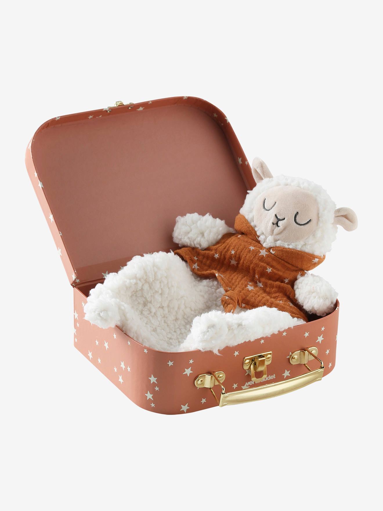 Doudou mouton bi-matière avec mallette beige (Vertbaudet) - Image 1