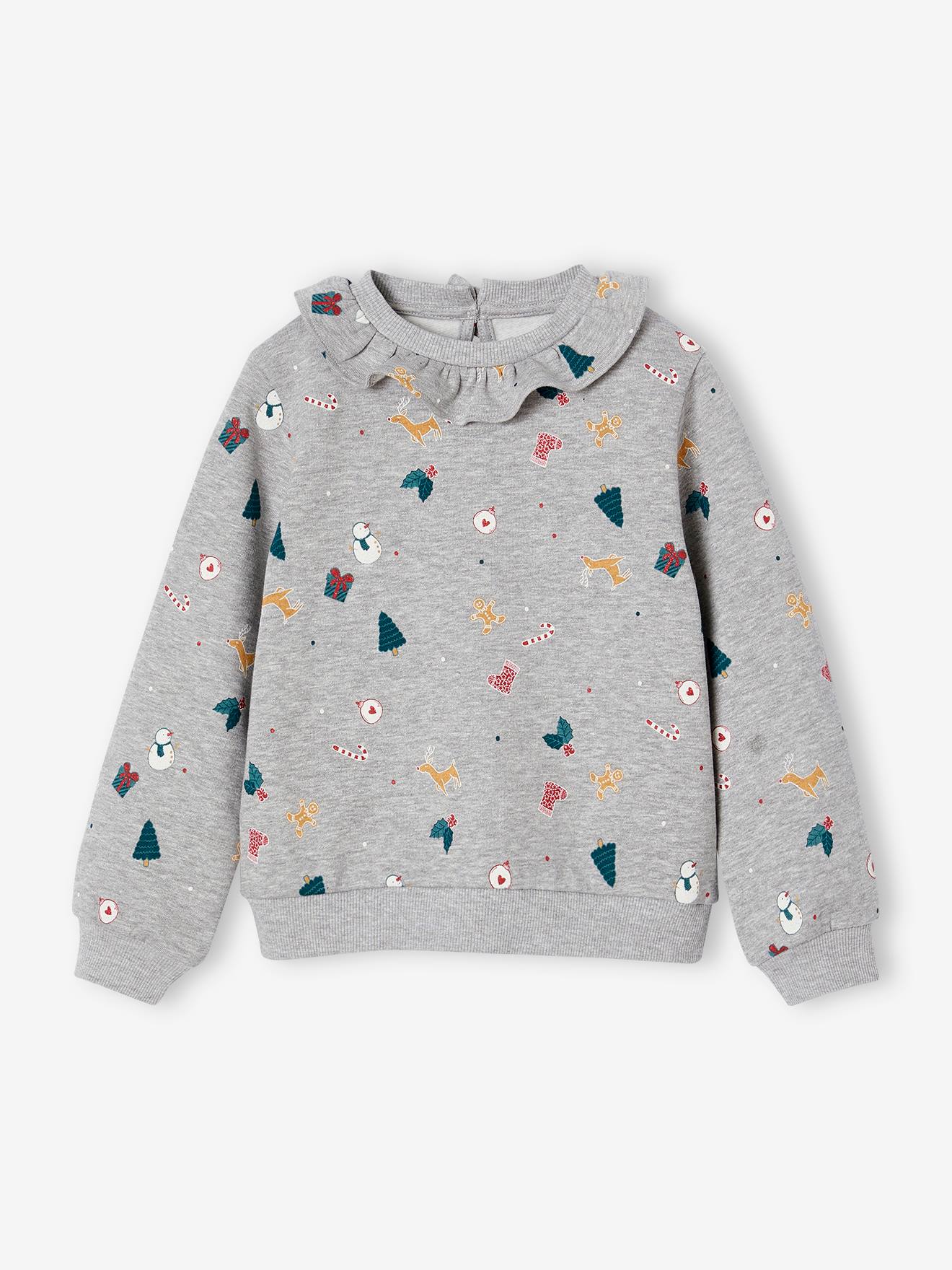 Sweat de Noël à colerette imprimé fille gris chiné