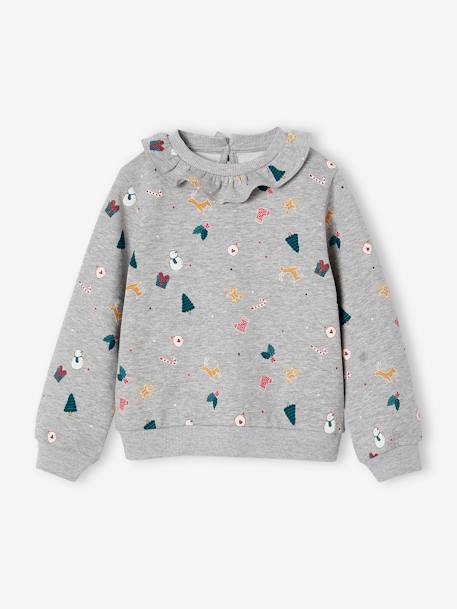 Fille-Pull, gilet, sweat-Sweat-Sweat Noël à colerette imprimé fille