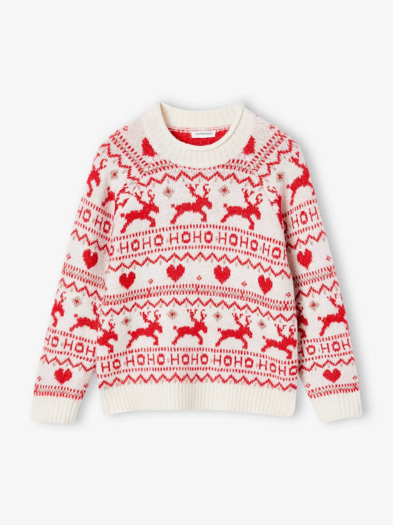 Pull jacquard Noël détails en fil brillant fille écru