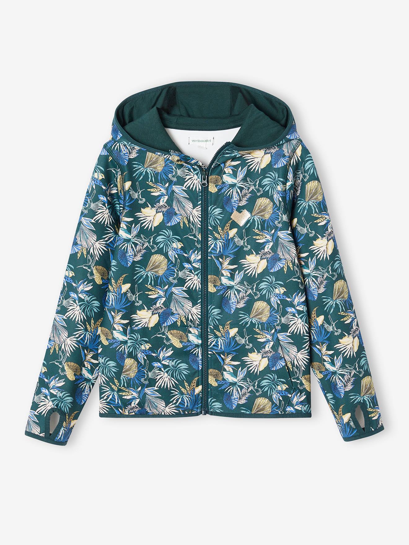 Sweat sport zippé matière technique fille motifs fleurs vert imprimé