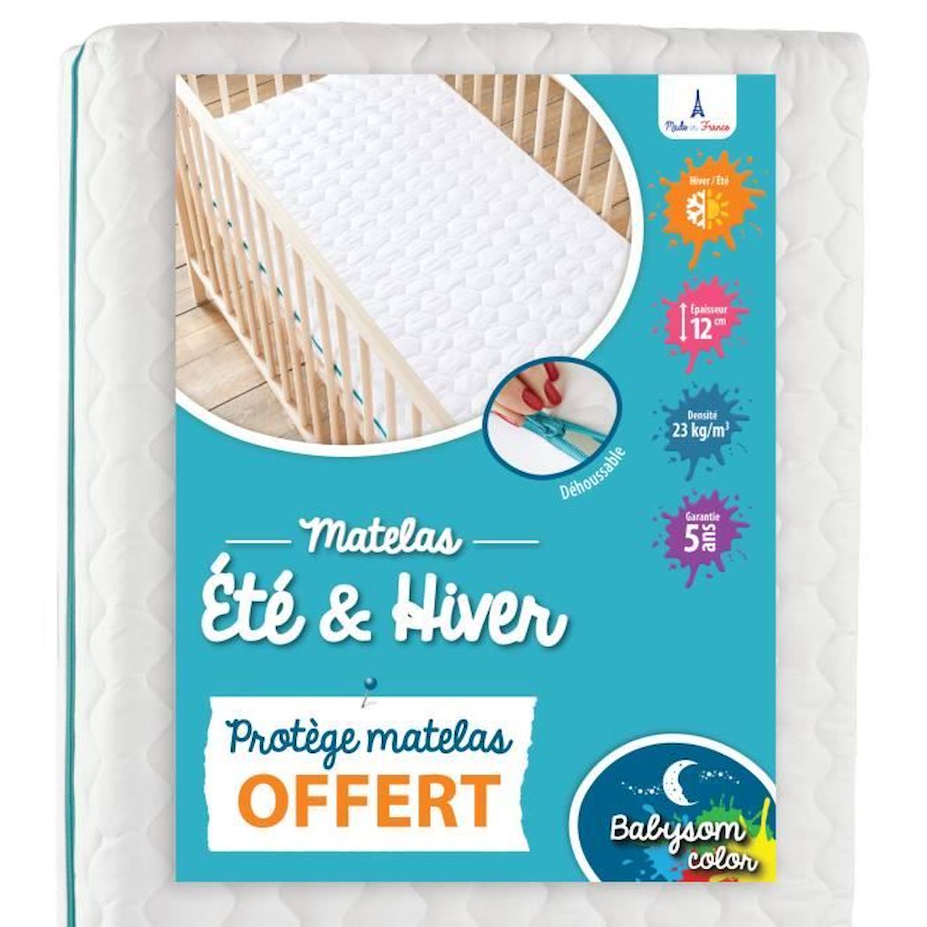 Babysom - Babysom - Matelas Bébé Climatisé - 60x120 Cm Offert : 1 Protège Matelas Imperméable 1 Face Été Fraîche Et 1 Face Hiver Ouatinée Blanc