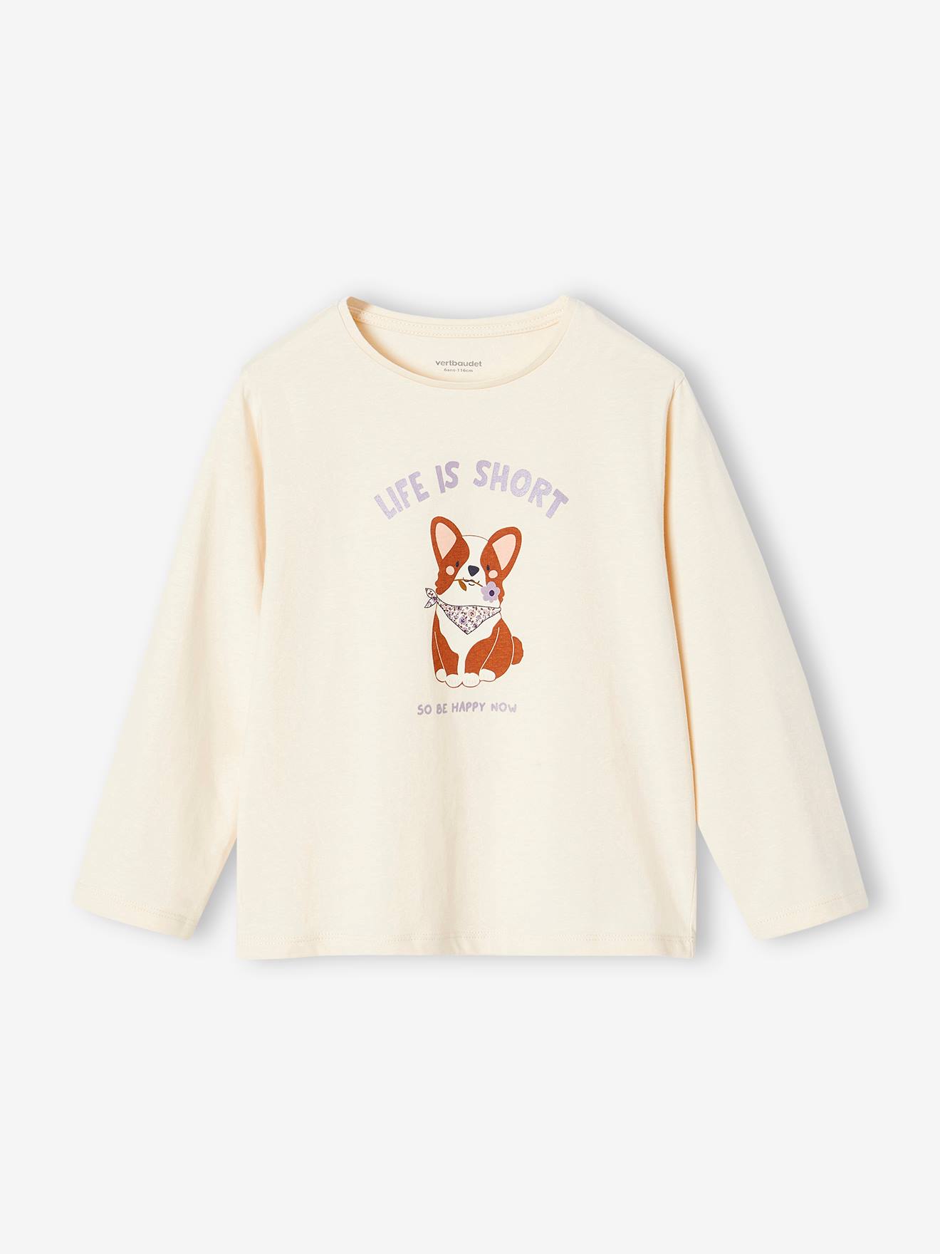 T-shirt motif chien manches longues fille vanille