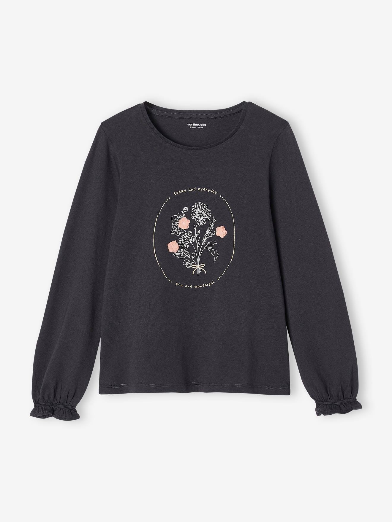 T-shirt motif fleurs fantaisie en relief fille anthracite