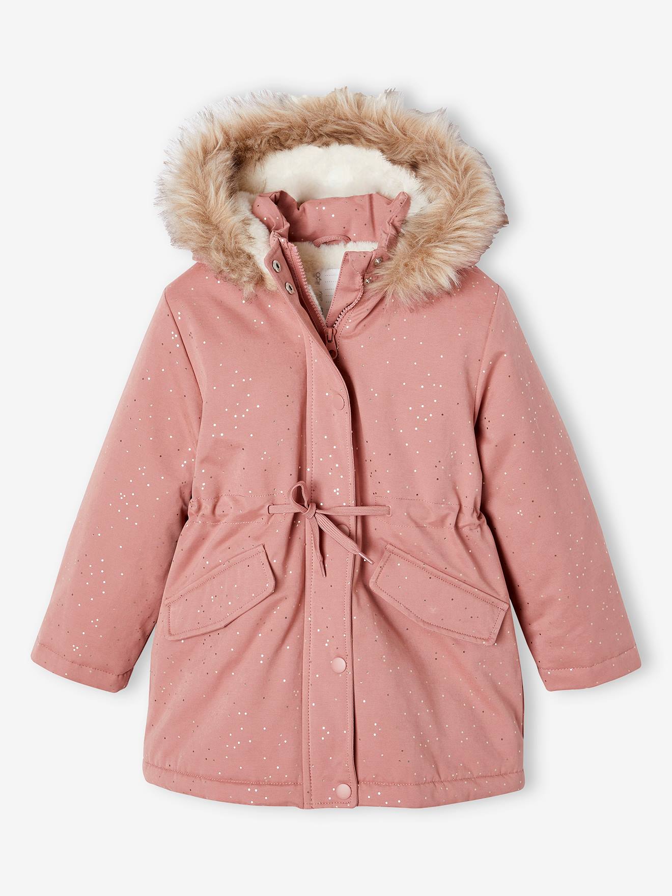 Parka à paillettes glitter fille doublée fausse fourrure blush
