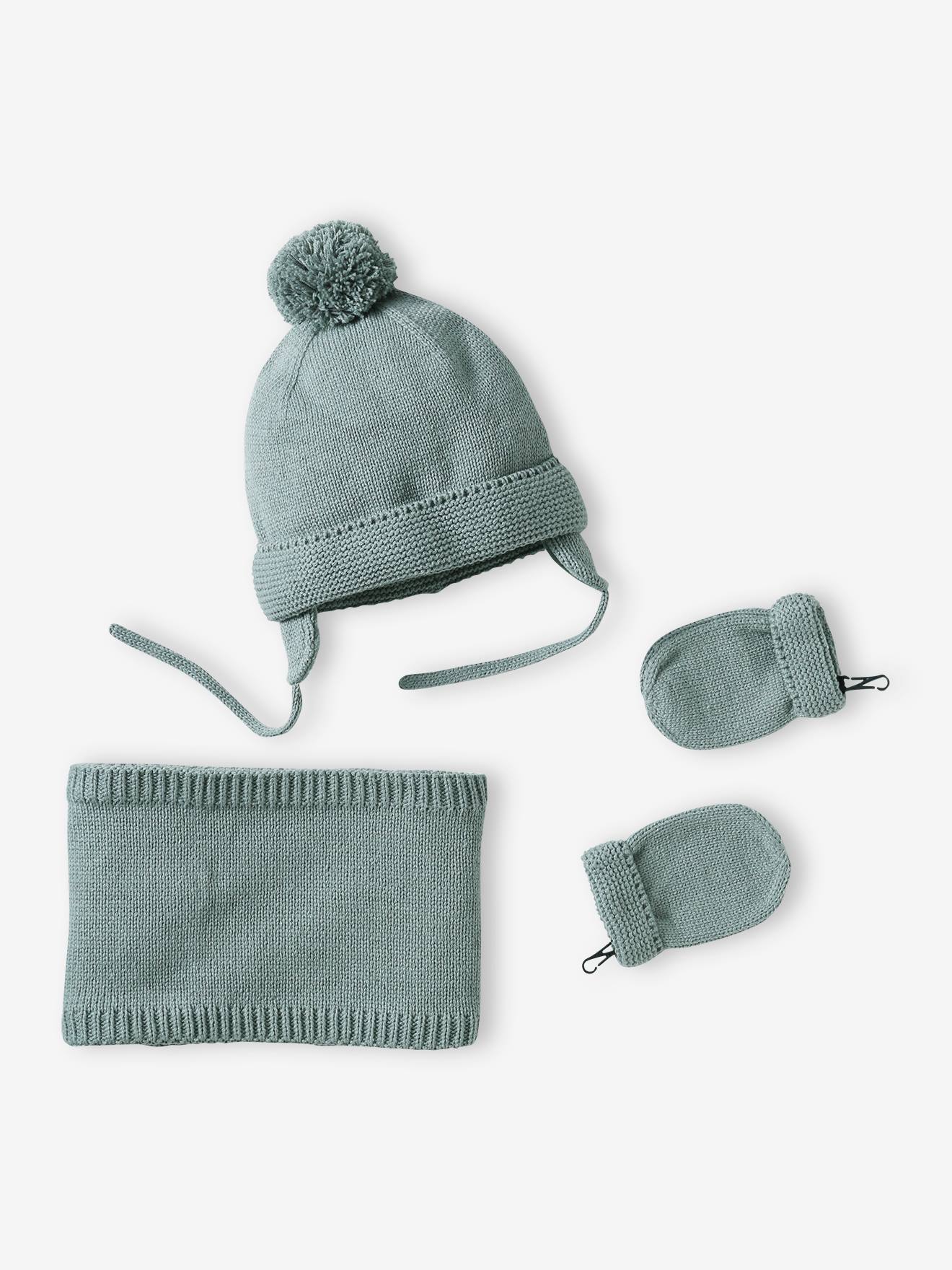 Ensemble bébé garçon bonnet + snood + moufles BASICS vert d'eau