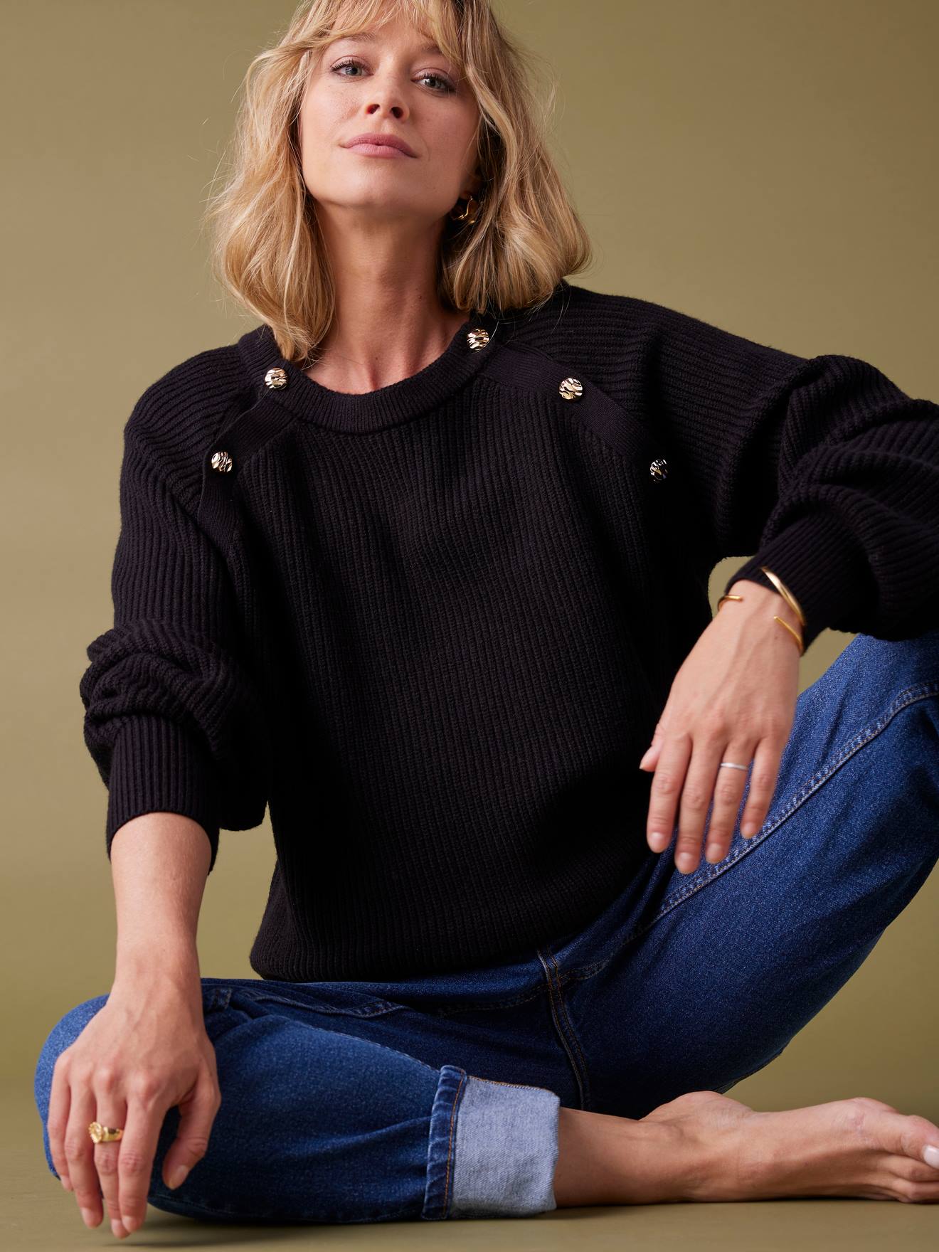 Pull grossesse et allaitement boutonné en côtes perlées noir