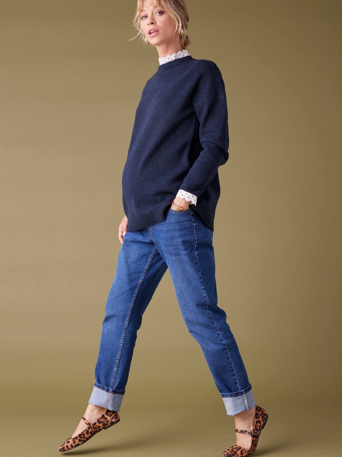 Pull long détails dentelle amovibles grossesse marine