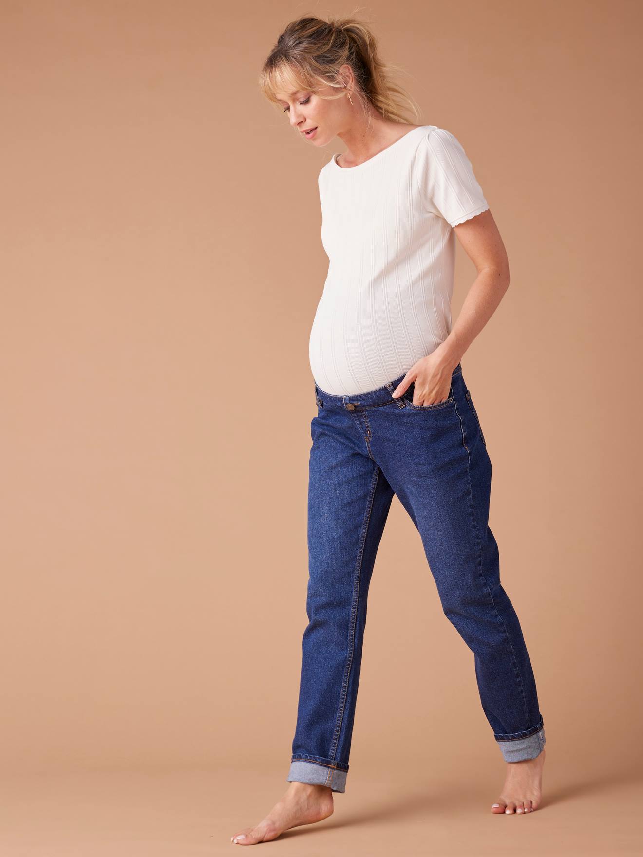Jean Mom grossesse ENVIE DE FRAISE bandeau détachable bleu foncé