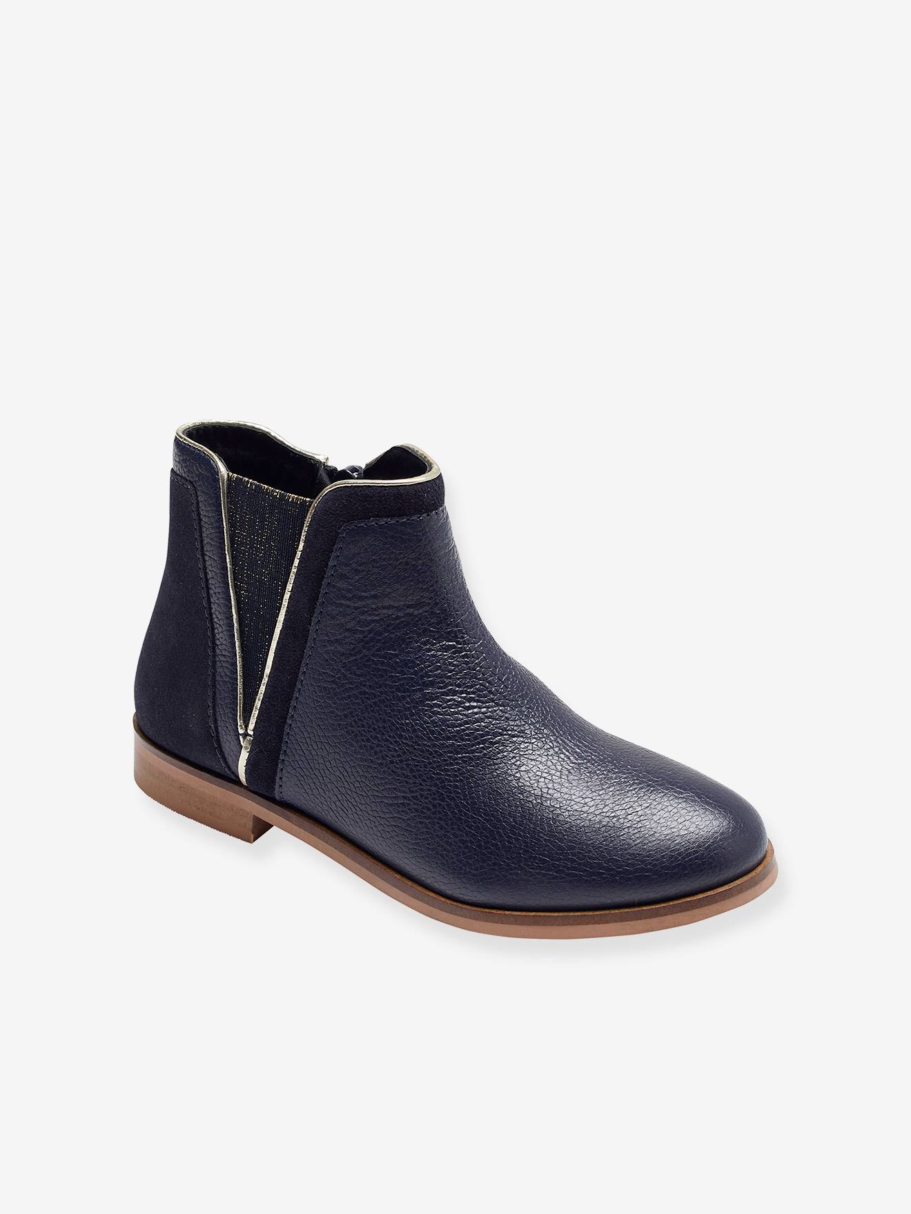 Boots cuir fille zippées et élastiquées marine