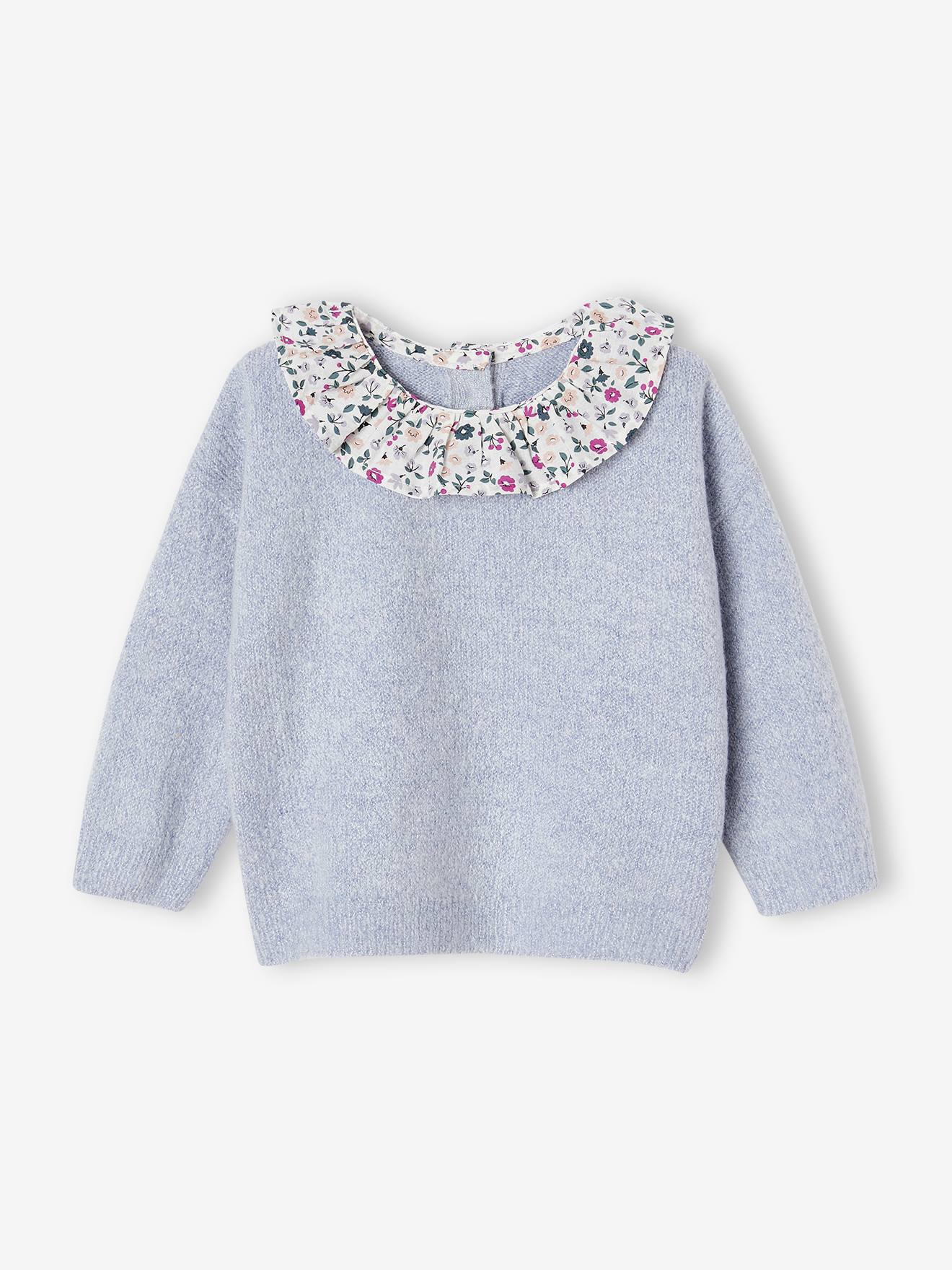 Pull à collerette imprimée fleurs bébé bleu chiné