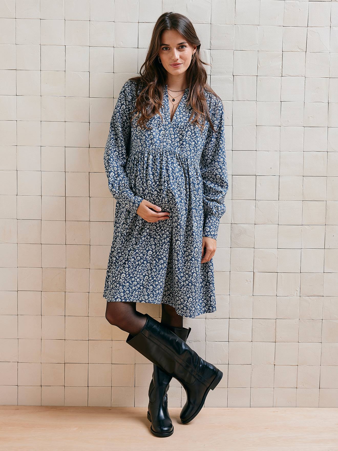 Robe courte de grossesse bleu imprimé