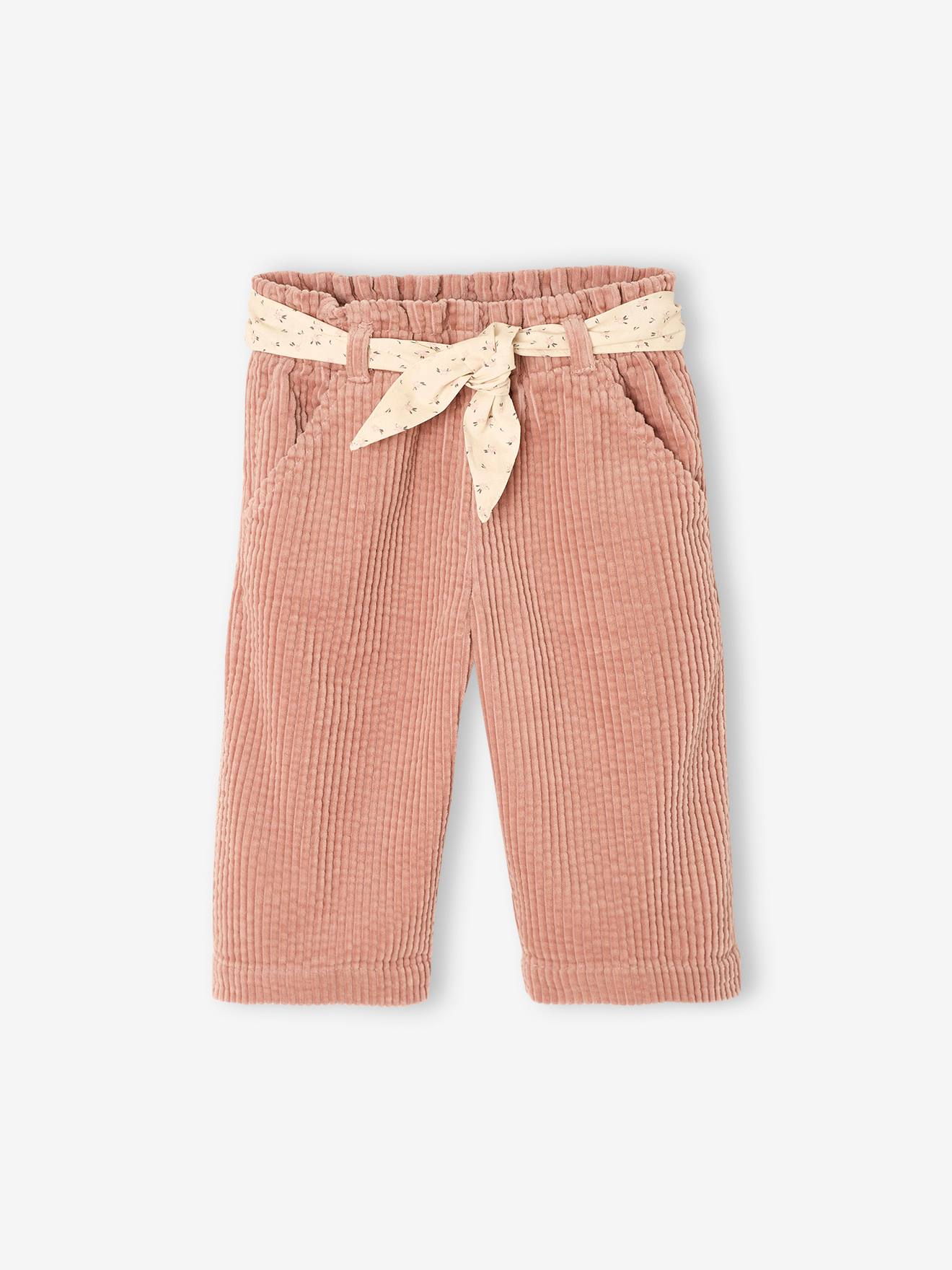 Pantalon large en velours ceinture à fleurs bébé vieux rose