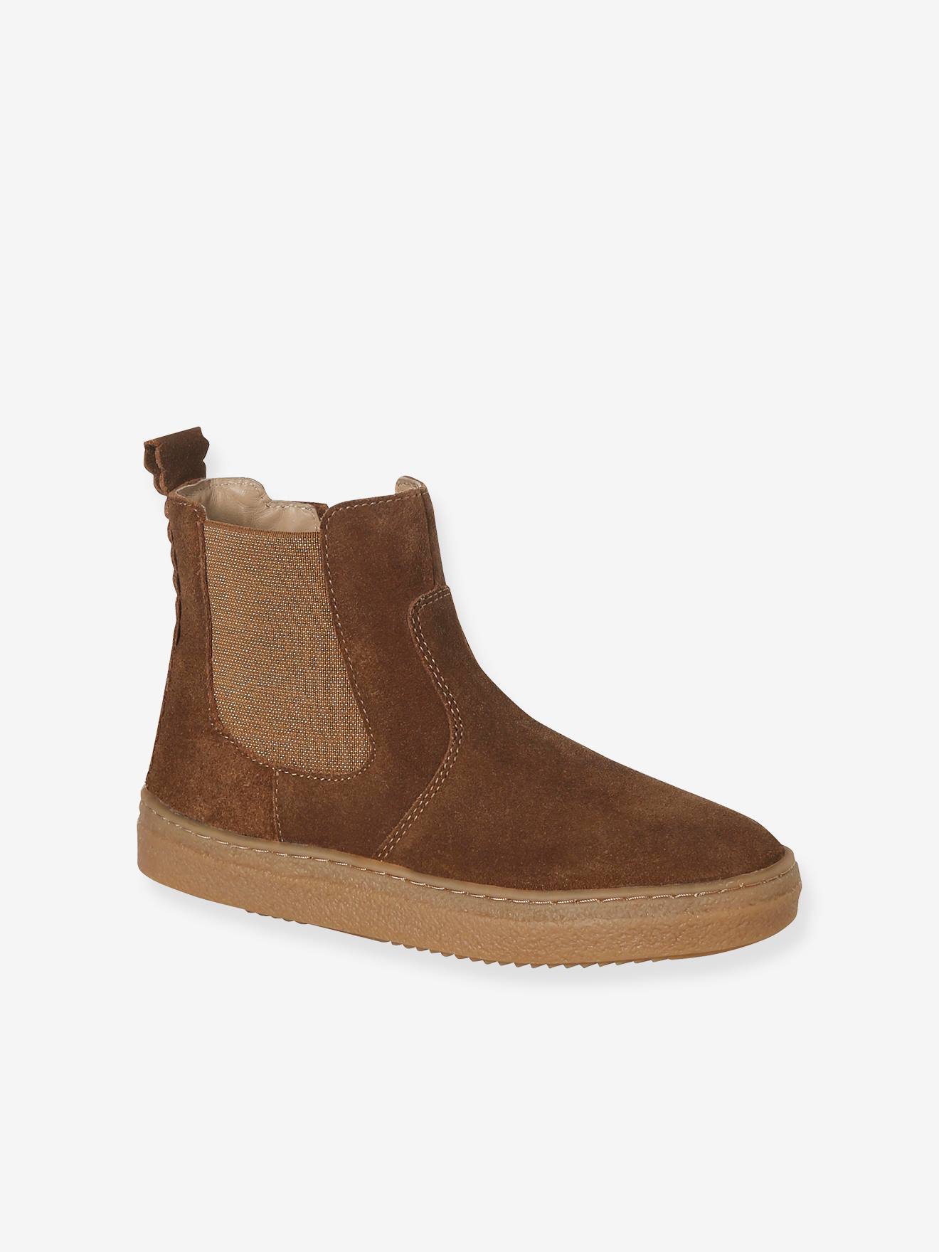 Boots cuir fille zippées et élastiquées camel