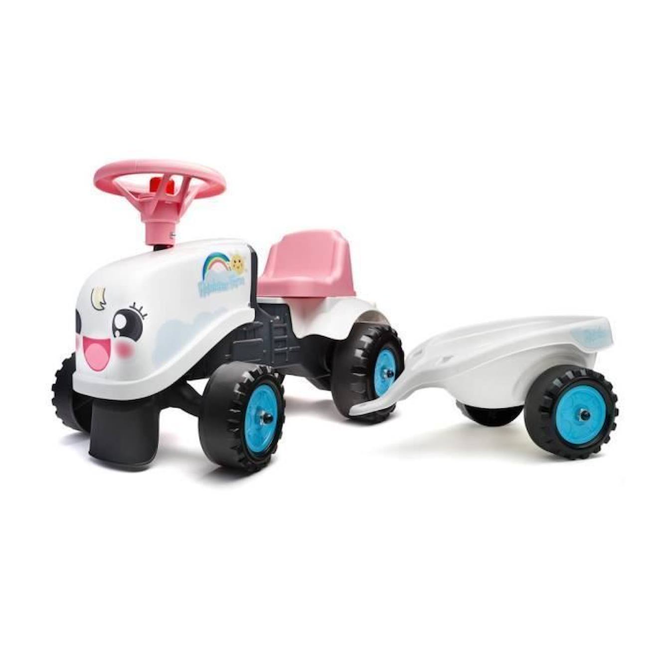 Falk - Porteur Tracteur Rainbow Farm Avec Remorque - Dès 12 Mois - Falk - 100% Fabriqué En France - Contient 40% De Plastique Recyclé Blanc