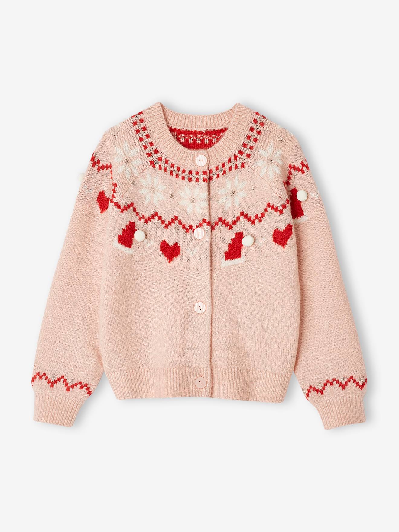 Gilet jacquard Noël détails brillants fille rose poudré