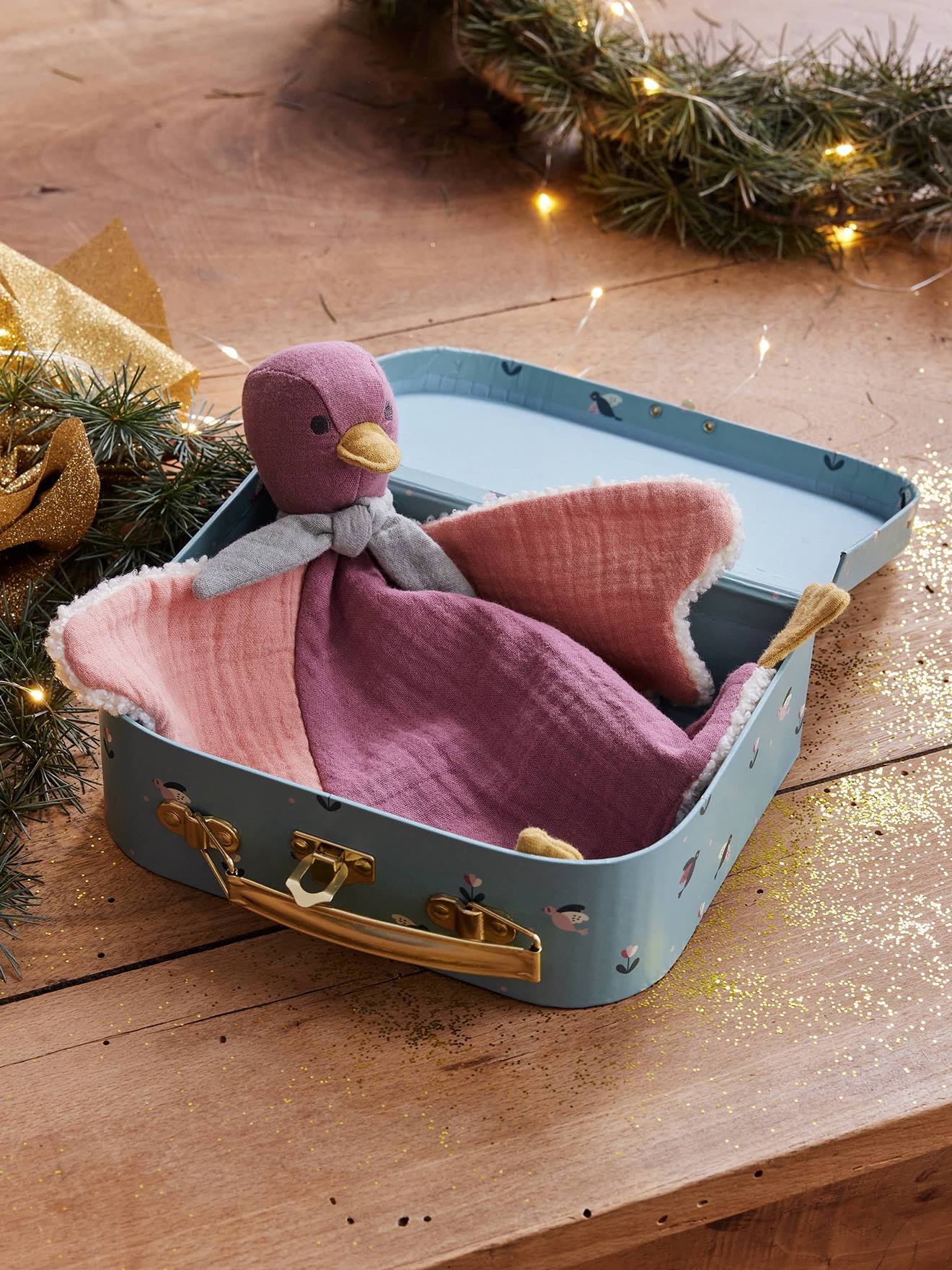 Doudou oiseau bi-matière personnalisable avec mallette rose