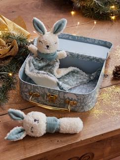 Jouet-Doudou plat lapin personnalisable + hochet en mallette