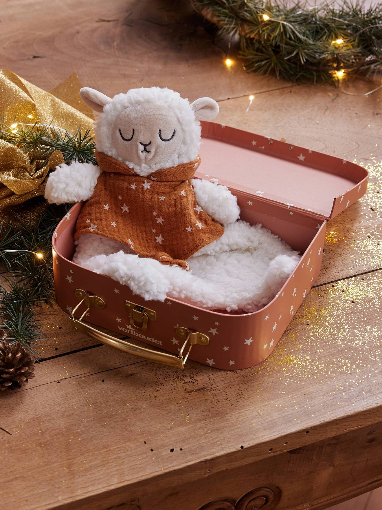 Doudou mouton bi-matière avec mallette beige