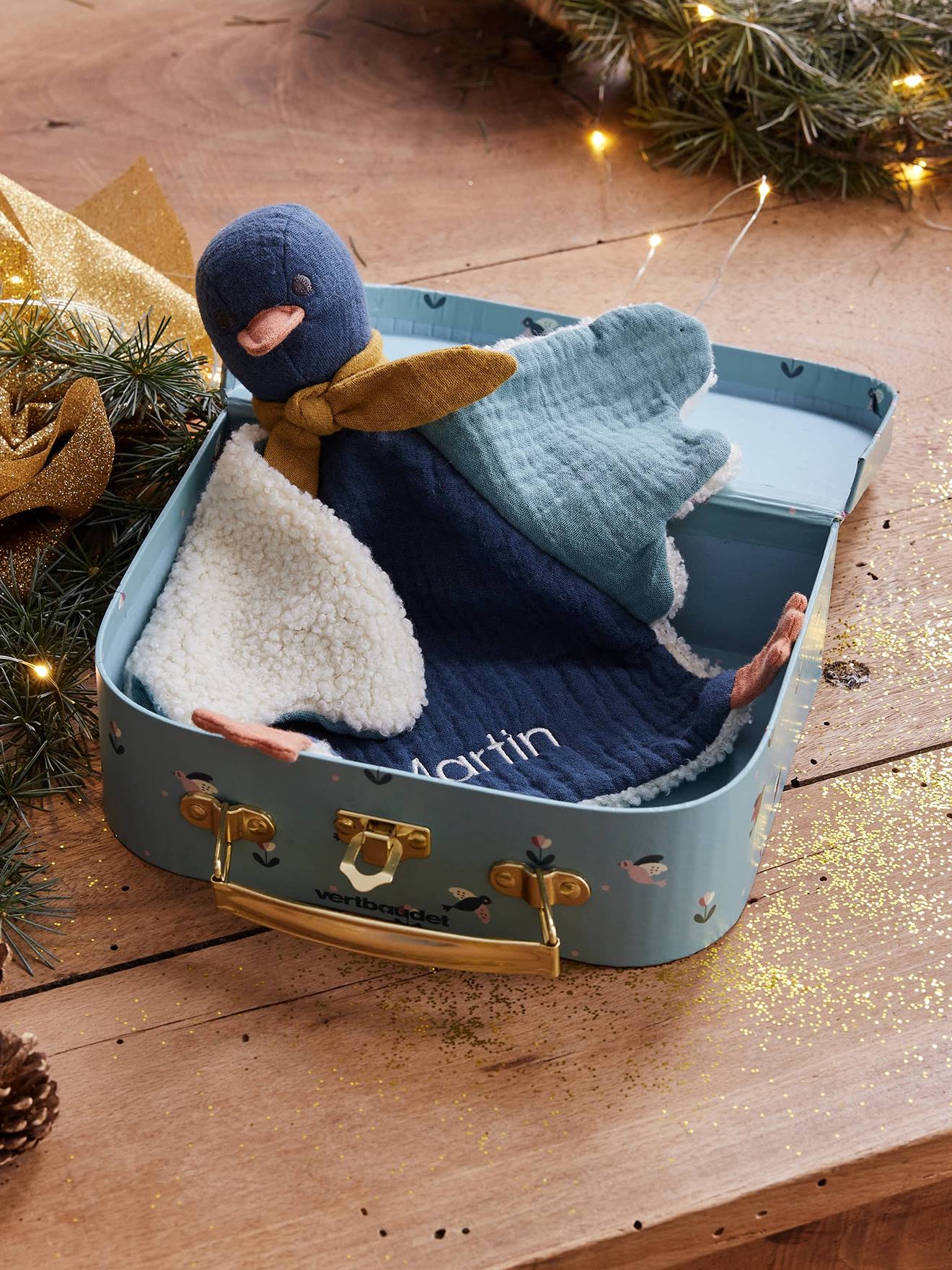 Doudou oiseau bi-matière personnalisable avec mallette bleu