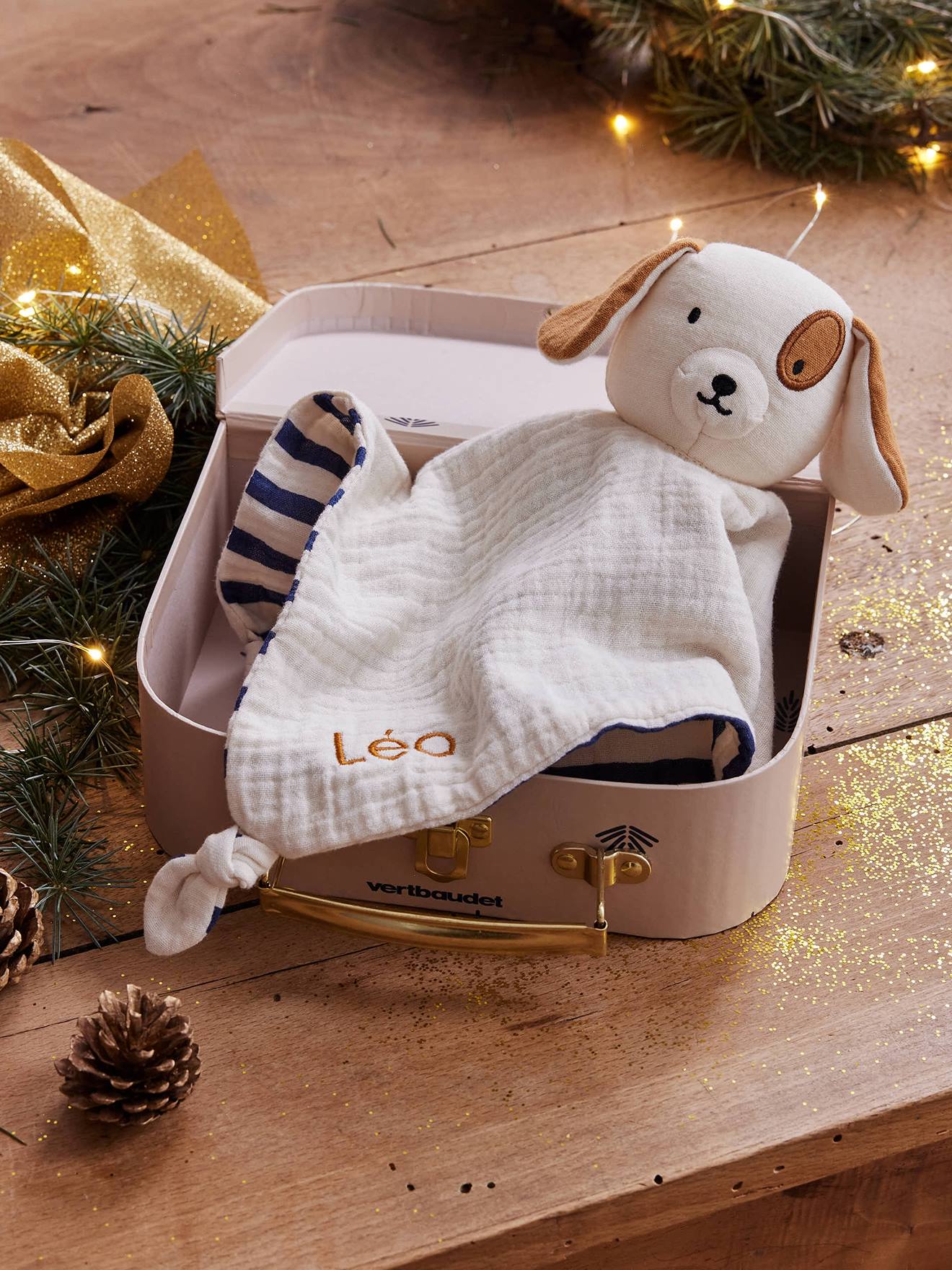Doudou plat chien personnalisable + coffret cadeau bleu