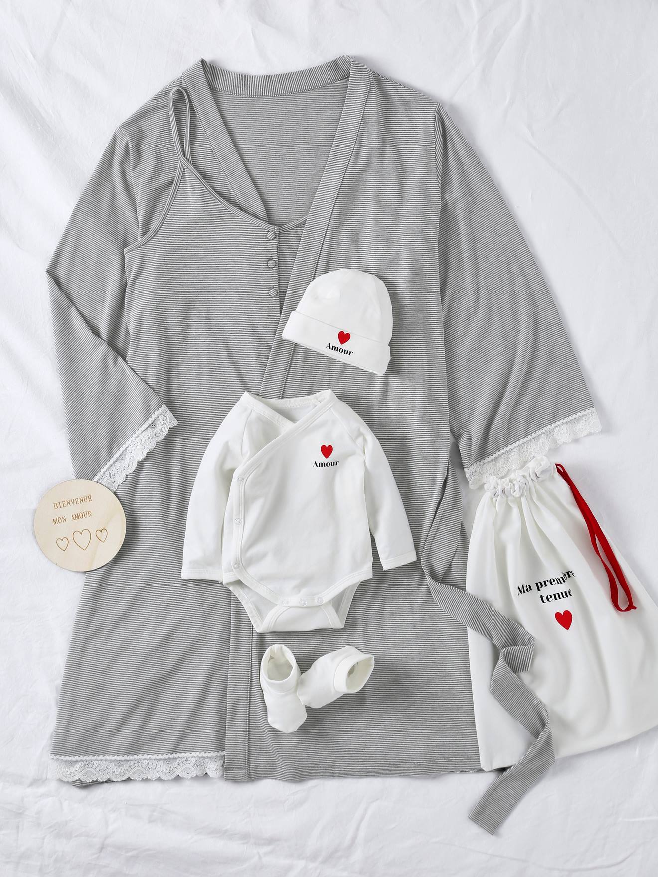 Kit maternité maman et bébé ENVIE DE FRAISE rayé gris
