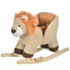 Jouet-Cheval à bascule modèle lion fonction musicale selle grand confort peluche courte douce bois peuplier marron dim. 68L x 35l x 50H