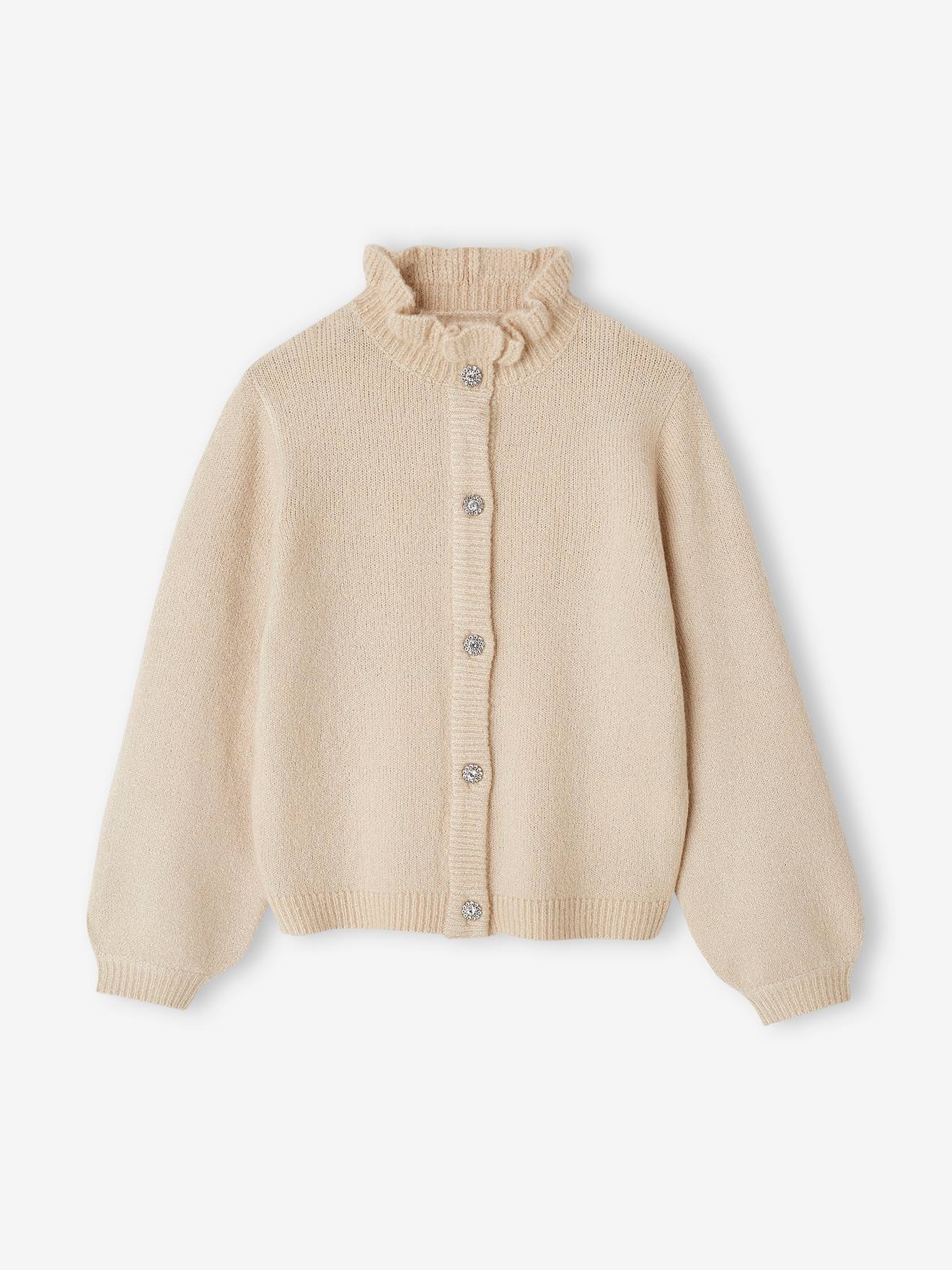 Gilet à boutons strass et col fantaisie fille écru