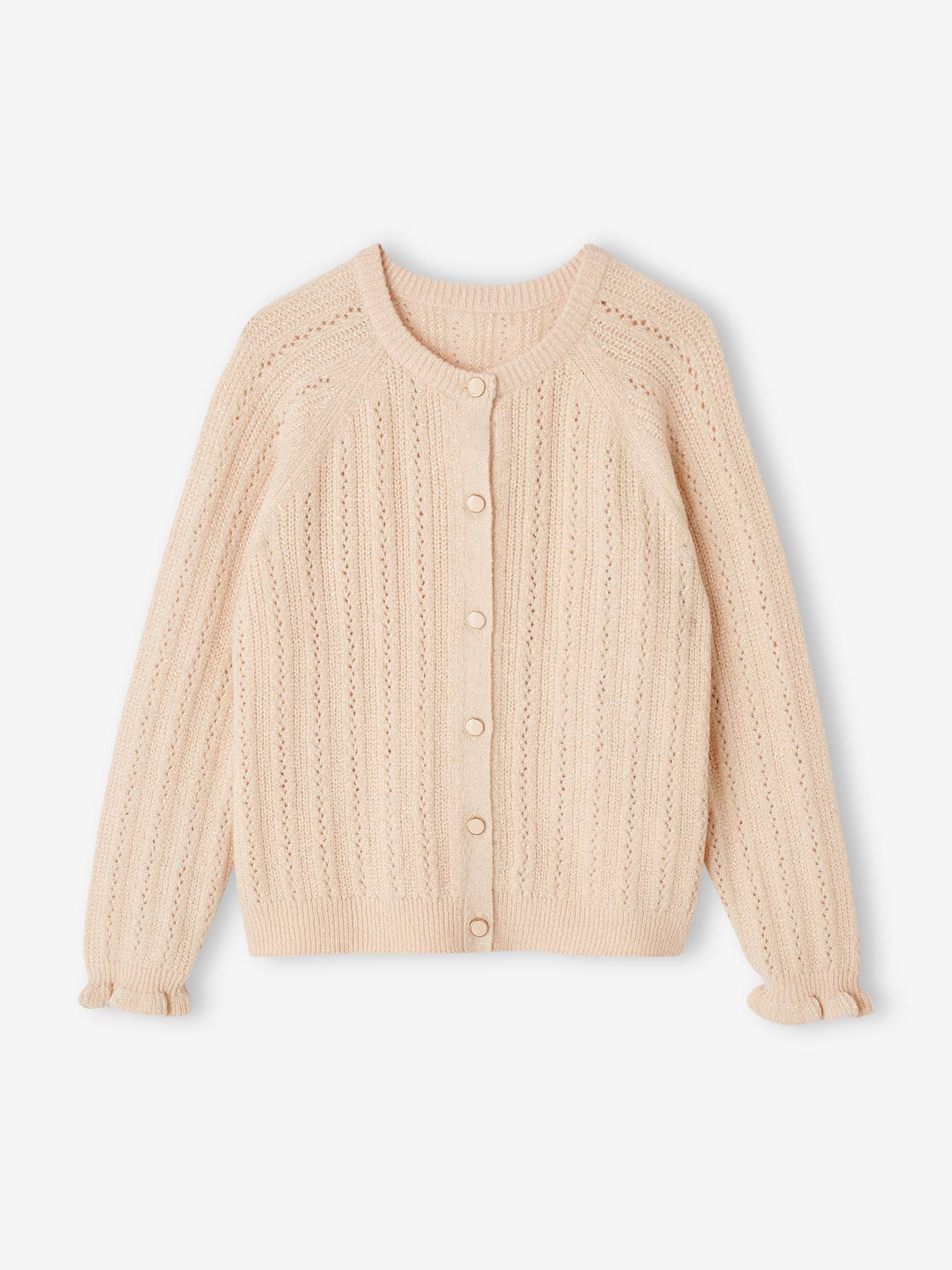 Gilet pointelle fils brillants fille rose poudré