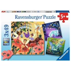 Jouet-Puzzles Licorne, Dragon et Fée - Ravensburger - 3 x 49 pièces - Thème Humains et Célébrités - Rose